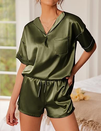 Ekouaer Silk Pajamas Womens Short Sleeve Sleepwear 2 Piece Pjs Shorts Set S-XXL Army Green