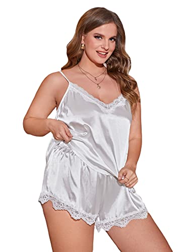 OYOANGLE Women's Plus Size 2 Piece Pajama Satin Lace Trim Cami Top and Shorts Sleepwear Set White 4XL