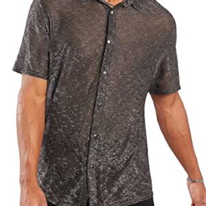 WDIRARA Men's Contrast Glitter Button Front Shirt Stand Collar Shirt Short Sleeve Tops Black XL