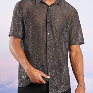 WDIRARA Men's Contrast Glitter Button Front Shirt Stand Collar Shirt Short Sleeve Tops Black XL