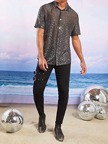 WDIRARA Men's Contrast Glitter Button Front Shirt Stand Collar Shirt Short Sleeve Tops Black XL