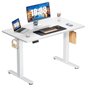 dumos electric height adjustable 40 x 24 inches ergonomic memory preset, sit computer home office desk standing table with t-shaped metal bracket, white, 4024