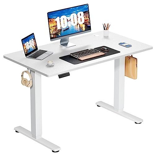 DUMOS Electric Height Adjustable 40 x 24 Inches Ergonomic Memory Preset, Sit Computer Home Office Desk Standing Table with T-Shaped Metal Bracket, White, 4024