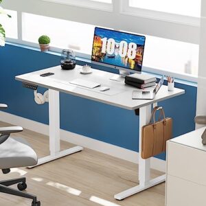 DUMOS Electric Height Adjustable 40 x 24 Inches Ergonomic Memory Preset, Sit Computer Home Office Desk Standing Table with T-Shaped Metal Bracket, White, 4024