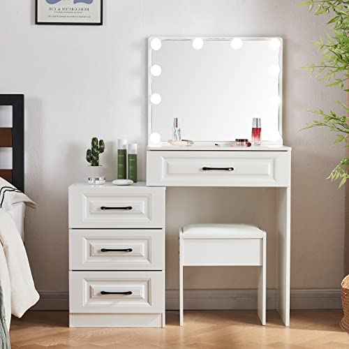 Buildonely Vanity Set with Dimmable LED Light Bulbs and 4 Large Capacity Drawers, Vanity Desk with Mirror and Lights for Makeup, Hair, and Skin Care, Vanity Table for Dressing Room and Bedroom