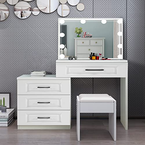 Buildonely Vanity Set with Dimmable LED Light Bulbs and 4 Large Capacity Drawers, Vanity Desk with Mirror and Lights for Makeup, Hair, and Skin Care, Vanity Table for Dressing Room and Bedroom