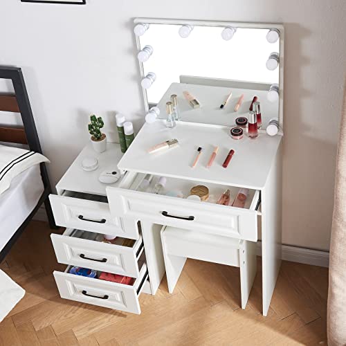 Buildonely Vanity Set with Dimmable LED Light Bulbs and 4 Large Capacity Drawers, Vanity Desk with Mirror and Lights for Makeup, Hair, and Skin Care, Vanity Table for Dressing Room and Bedroom