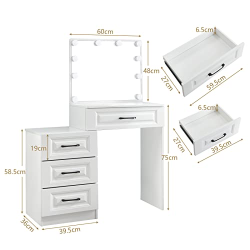 Buildonely Vanity Set with Dimmable LED Light Bulbs and 4 Large Capacity Drawers, Vanity Desk with Mirror and Lights for Makeup, Hair, and Skin Care, Vanity Table for Dressing Room and Bedroom