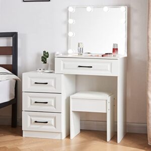 Buildonely Vanity Set with Dimmable LED Light Bulbs and 4 Large Capacity Drawers, Vanity Desk with Mirror and Lights for Makeup, Hair, and Skin Care, Vanity Table for Dressing Room and Bedroom