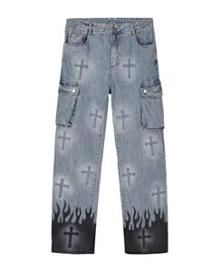 aelfric eden unisex denim jeans flame cross vibe straight jeans streetwear multi pockets