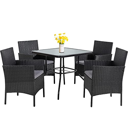 Shintenchi Outdoor Patio Furniture 5-Piece Indoor Outdoor Wicker Dining Set, Square Tempered Glass Top Table with Umbrella Hole and 4 Chair Set， Black