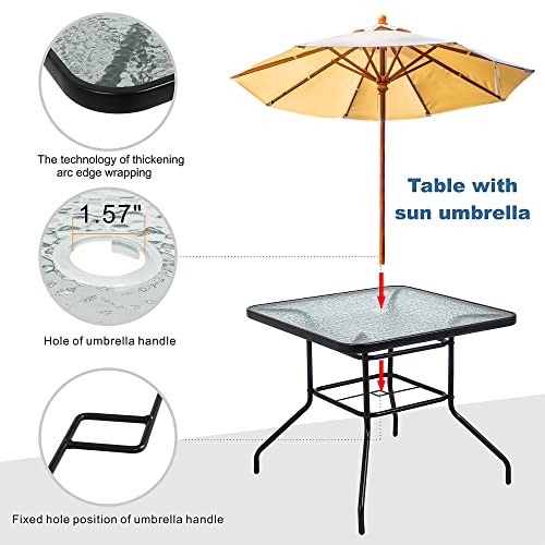 Shintenchi Outdoor Patio Furniture 5-Piece Indoor Outdoor Wicker Dining Set, Square Tempered Glass Top Table with Umbrella Hole and 4 Chair Set， Black