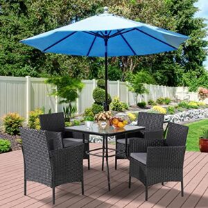 Shintenchi Outdoor Patio Furniture 5-Piece Indoor Outdoor Wicker Dining Set, Square Tempered Glass Top Table with Umbrella Hole and 4 Chair Set， Black