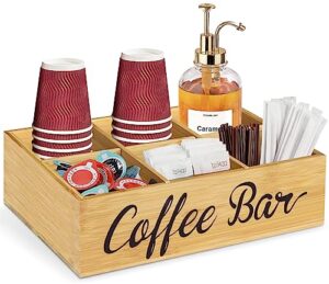 bamboo coffee station organizer, coffee bar accessories organizer for coffee bar decor, kcup coffee pods holder storage basket with removable dividers, coffee bar organizer tea bag dispenser