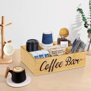 Bamboo Coffee Station Organizer, Coffee Bar Accessories Organizer for Coffee Bar Decor, Kcup Coffee Pods Holder Storage Basket with Removable Dividers, Coffee Bar Organizer Tea Bag Dispenser