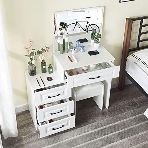 JBLCC Makeup Vanity with Lights Mirror, Makeup Table Set Vanity Mirror with Lights, Vanity Desk with Storage Shelves, Drawers, Modern Vanity Table for Bedroom White (41749)