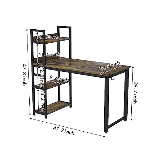 HOBINCHE 47 Inch Computer Desk with 4-Tier Shelves, Modern Writing Study Table with Reversible Bookshelf, Multipurpose Wood Desk Workstation with Metal Frame for Small Space, Rustic Brown