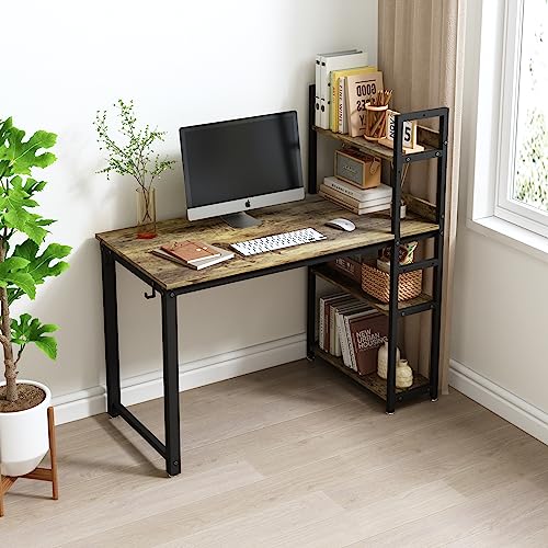 HOBINCHE 47 Inch Computer Desk with 4-Tier Shelves, Modern Writing Study Table with Reversible Bookshelf, Multipurpose Wood Desk Workstation with Metal Frame for Small Space, Rustic Brown