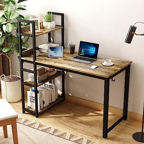 HOBINCHE 47 Inch Computer Desk with 4-Tier Shelves, Modern Writing Study Table with Reversible Bookshelf, Multipurpose Wood Desk Workstation with Metal Frame for Small Space, Rustic Brown