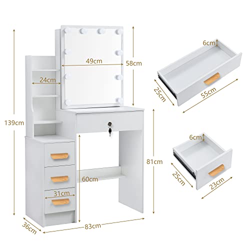 White Makeup Vanity Desk Set with Lighted Mirror, Large Vanity Dressing Table with Drawers & Stool for Women, Girls Bedroom Set