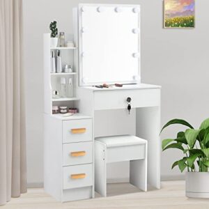 white makeup vanity desk set with lighted mirror, large vanity dressing table with drawers & stool for women, girls bedroom set