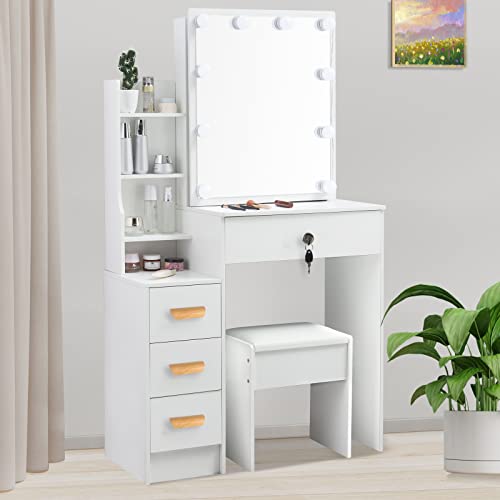 White Makeup Vanity Desk Set with Lighted Mirror, Large Vanity Dressing Table with Drawers & Stool for Women, Girls Bedroom Set