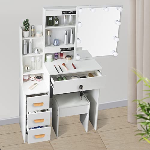 White Makeup Vanity Desk Set with Lighted Mirror, Large Vanity Dressing Table with Drawers & Stool for Women, Girls Bedroom Set