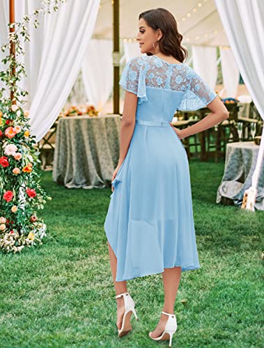 Wedtrend Light Blue Bridesmaid Dresses for Women, High Low Wedding Guest Dress, Flutter Sleeve Formal Dress for Teens, Midi Length Homecoming Dress for School Dacne WT0303LightBlueL