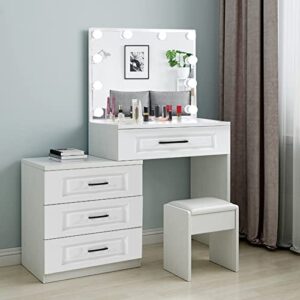 saicheng white dressing table set,modern makeup dressing table with large lighted mirror 10 bulbs and 4 storage drawers,dresser desk with cushioned stool for bedroom
