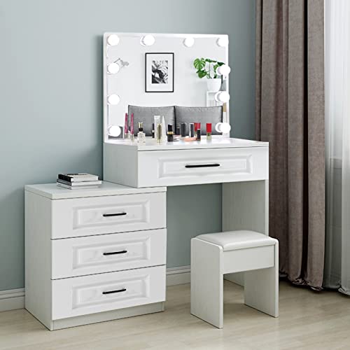 saicheng White Dressing Table Set,Modern Makeup Dressing Table with Large Lighted Mirror 10 Bulbs and 4 Storage Drawers,Dresser Desk with Cushioned Stool for Bedroom