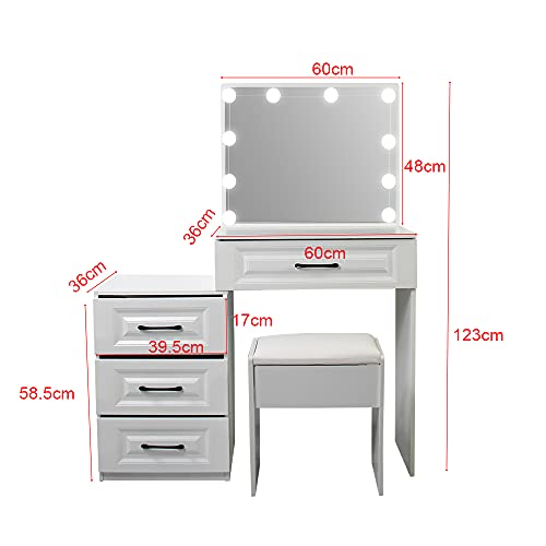 saicheng White Dressing Table Set,Modern Makeup Dressing Table with Large Lighted Mirror 10 Bulbs and 4 Storage Drawers,Dresser Desk with Cushioned Stool for Bedroom