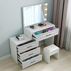 saicheng White Dressing Table Set,Modern Makeup Dressing Table with Large Lighted Mirror 10 Bulbs and 4 Storage Drawers,Dresser Desk with Cushioned Stool for Bedroom