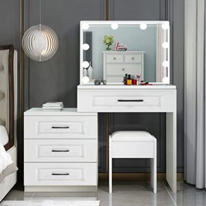 saicheng White Dressing Table Set,Modern Makeup Dressing Table with Large Lighted Mirror 10 Bulbs and 4 Storage Drawers,Dresser Desk with Cushioned Stool for Bedroom