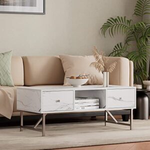 cozy castle coffee table with drawers, 43" mid century modern coffee table with storage, coffee table with metal legs, wood small coffee table for living room, bedroom and office, white
