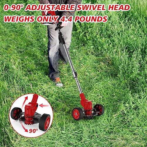 Electric Weed Eater Cordless Weed Wacker Battery Powered, Lightweight Foldable Brush Cutter Grass Trimmer Lawn Edger with 2 2Ah Battery Operated, Wheeled No String Weed Whacker for Garden Yard