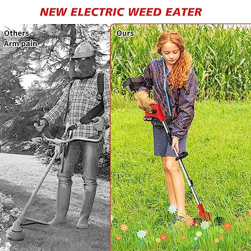 Electric Weed Eater Cordless Weed Wacker Battery Powered, Lightweight Foldable Brush Cutter Grass Trimmer Lawn Edger with 2 2Ah Battery Operated, Wheeled No String Weed Whacker for Garden Yard