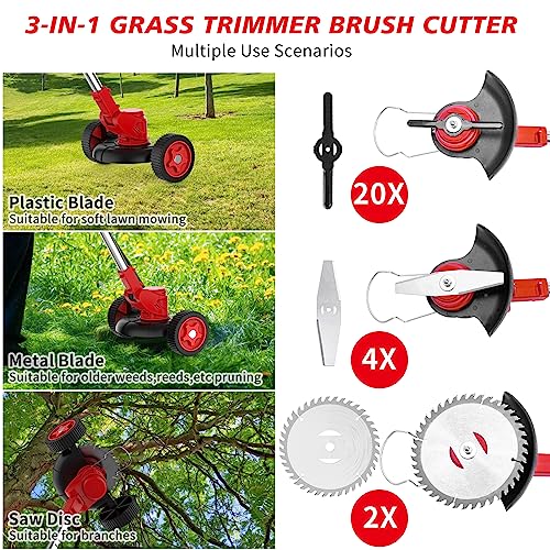 Electric Weed Eater Cordless Weed Wacker Battery Powered, Lightweight Foldable Brush Cutter Grass Trimmer Lawn Edger with 2 2Ah Battery Operated, Wheeled No String Weed Whacker for Garden Yard