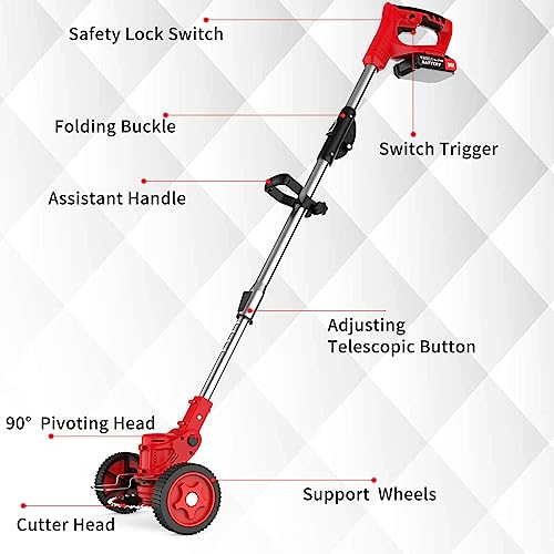 Electric Weed Eater Cordless Weed Wacker Battery Powered, Lightweight Foldable Brush Cutter Grass Trimmer Lawn Edger with 2 2Ah Battery Operated, Wheeled No String Weed Whacker for Garden Yard