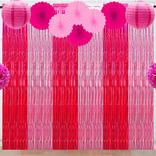 Hot Pink Birthday Decorations Backdrop, Pink and Hot Pink Foil Fringe Curtains Photo Streamers for Girl Sweet Birthday Theme Valentine's Day Wedding Anniversatry Party Decortions (3Pack)