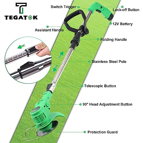 Tegatok Weed Wacker Cordless, Electric String Trimmer with 2 1500 mAH Batteries, Lawn Trimmer with 4 Types of Blades, Household Weed Eater Lawn Edger, Grass Trimmer Tools for Garden and Yard