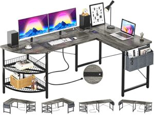 unikito l shaped desk with power outlet, 98.4" reversible corner computer table with storage shelves and bag, modern 2 person large long desk for home office writing study workstation, black oak