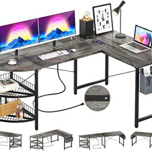 Unikito L Shaped Desk with Power Outlet, 98.4" Reversible Corner Computer Table with Storage Shelves and Bag, Modern 2 Person Large Long Desk for Home Office Writing Study Workstation, Black Oak