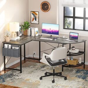 Unikito L Shaped Desk with Power Outlet, 98.4" Reversible Corner Computer Table with Storage Shelves and Bag, Modern 2 Person Large Long Desk for Home Office Writing Study Workstation, Black Oak