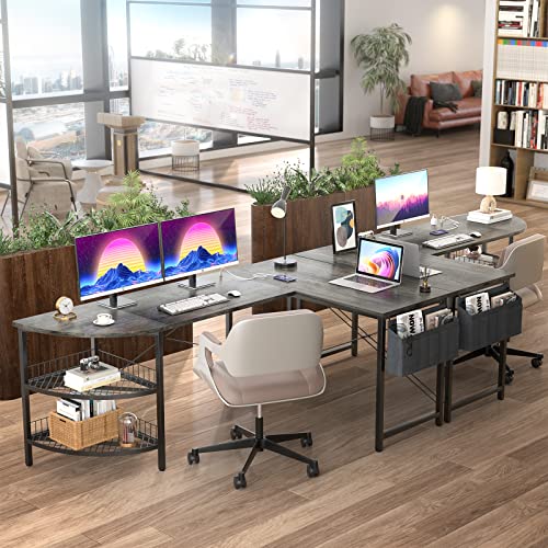 Unikito L Shaped Desk with Power Outlet, 98.4" Reversible Corner Computer Table with Storage Shelves and Bag, Modern 2 Person Large Long Desk for Home Office Writing Study Workstation, Black Oak