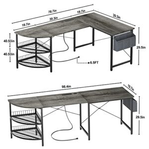 Unikito L Shaped Desk with Power Outlet, 98.4" Reversible Corner Computer Table with Storage Shelves and Bag, Modern 2 Person Large Long Desk for Home Office Writing Study Workstation, Black Oak