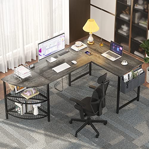 Unikito L Shaped Desk with Power Outlet, 98.4" Reversible Corner Computer Table with Storage Shelves and Bag, Modern 2 Person Large Long Desk for Home Office Writing Study Workstation, Black Oak