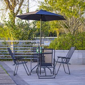 allinlife 6 pcs outdoor patio furniture set with umbrella 4 folding chairs & glass table garden patio table and chairs dining set for bistro,deck,black (round table set)
