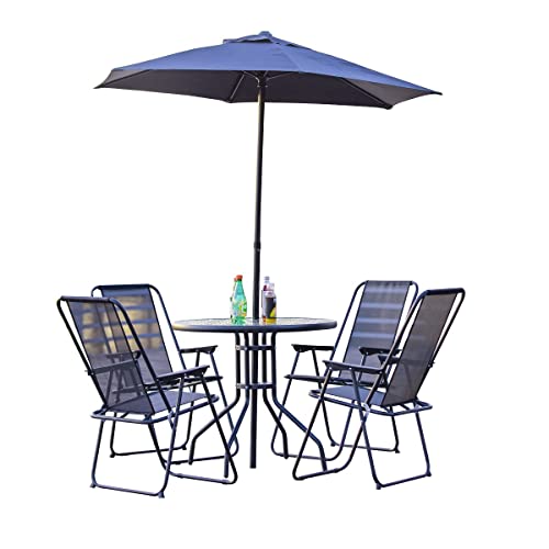 ALLINLIFE 6 PCS Outdoor Patio Furniture Set with Umbrella 4 Folding Chairs & Glass Table Garden Patio Table and Chairs Dining Set for Bistro,Deck,Black (Round Table Set)