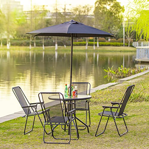 ALLINLIFE 6 PCS Outdoor Patio Furniture Set with Umbrella 4 Folding Chairs & Glass Table Garden Patio Table and Chairs Dining Set for Bistro,Deck,Black (Round Table Set)