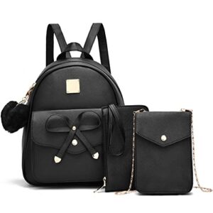 besyiga mini leather backpack purse for women, cute fashion travel daypacks and bow backpack shoulder bag for women, 3pcs, black